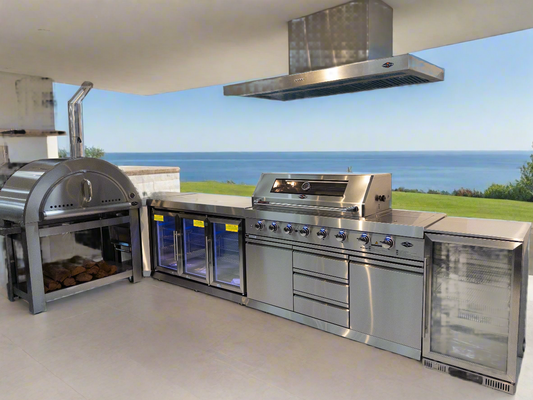 L Shape 304SS Hurricane BBQ Inc 3DR Fridge, 118L Fridge,30” Pizza Oven, 150CM 304SS Rangehood, Rotisserie & Covers