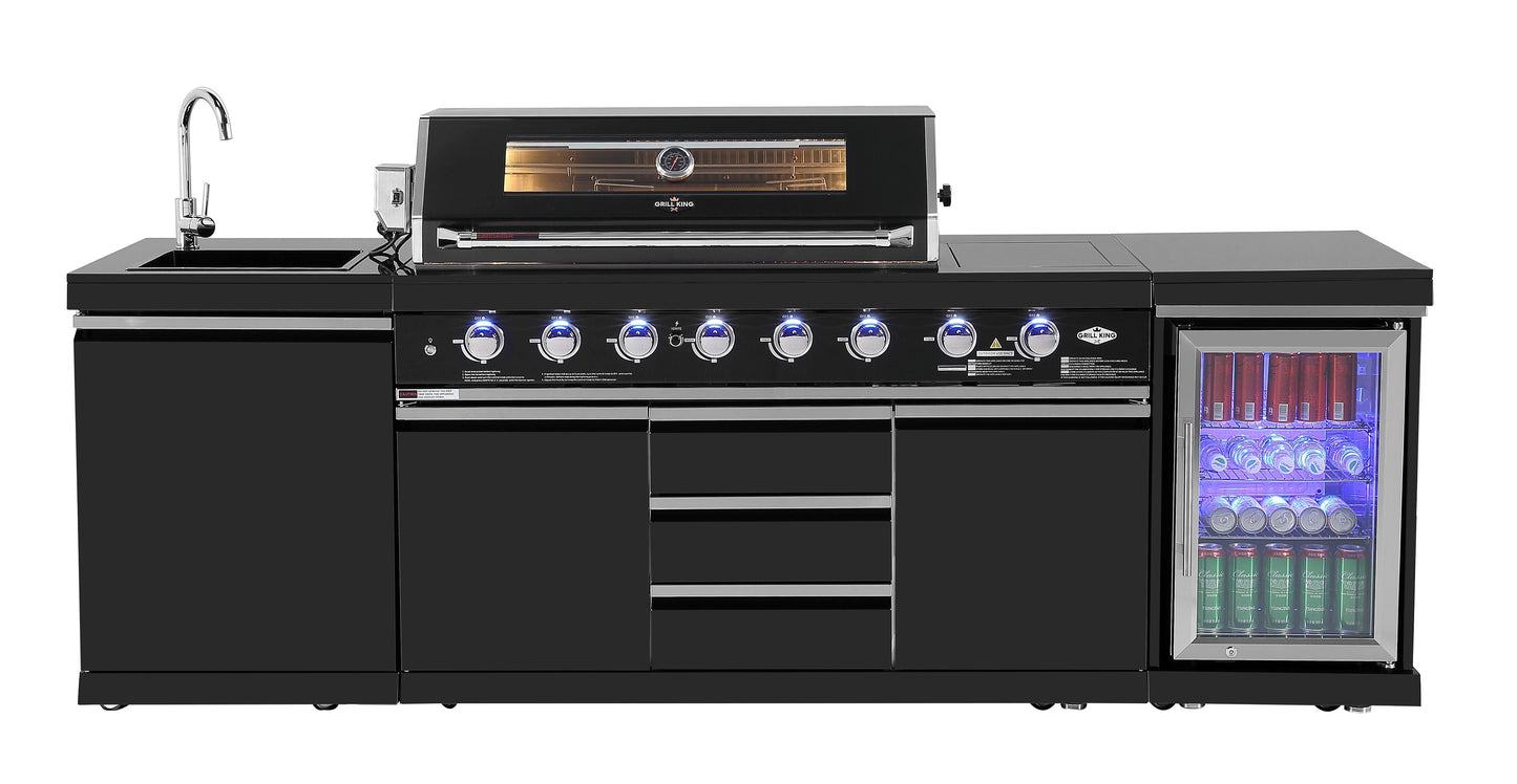 Kingsley L Shape Corner 6-Burner Outdoor BBQ Kitchen: Black Stainless Steel, Stone Bench, Fridge, Sink, Height Adjustable