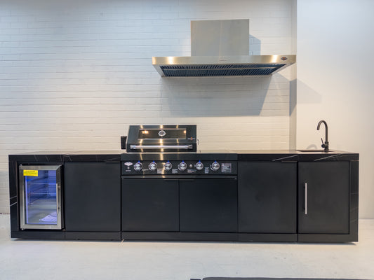 Floor Stock Rockpool Black 4B + Wok: Designer Black Outdoor BBQ Kitchen Package inc Fridge & Sink