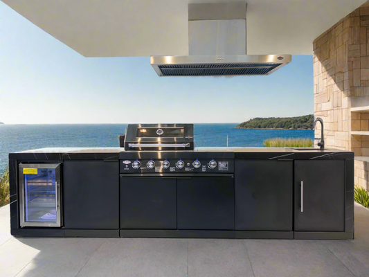 Floor Stock Rockpool Black 4B + Wok: Designer Black Outdoor BBQ Kitchen Package inc Fridge & Sink