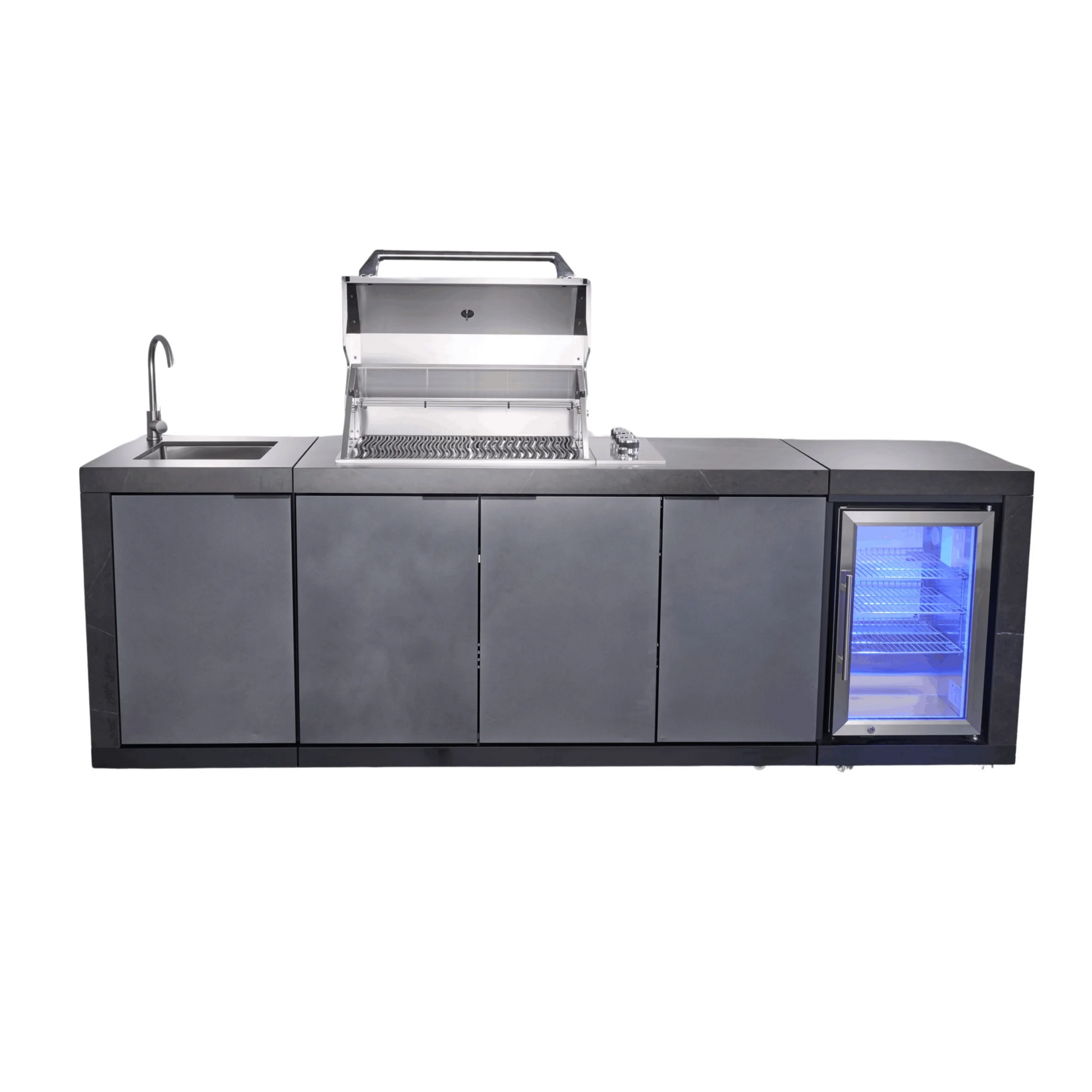 Deep Charcoal 4B Drop In BBQ Kitchen Package Inc Porcelain Benchtops, Aluminium Cabinets, Weather Resistant, Fridge & Sink