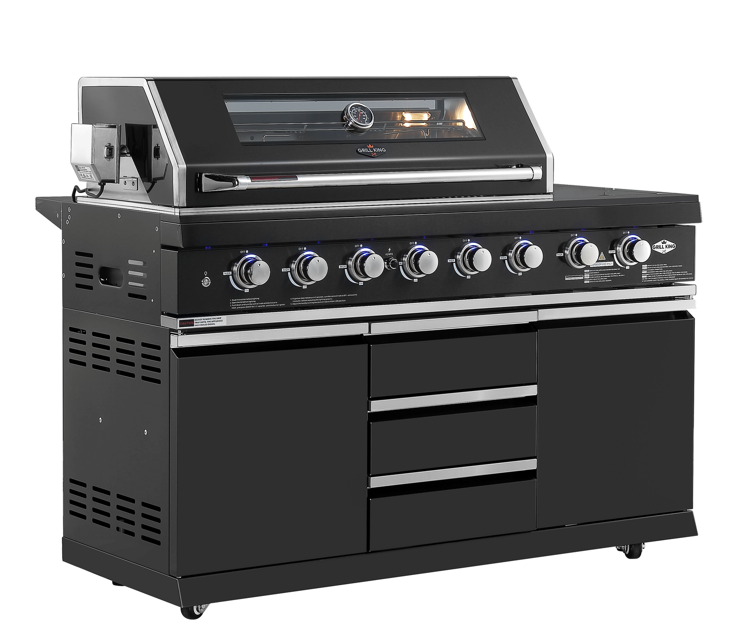 Kingsley L Shape Corner 6-Burner Outdoor BBQ Kitchen: Black Stainless Steel, Stone Bench, Fridge, Sink, Height Adjustable