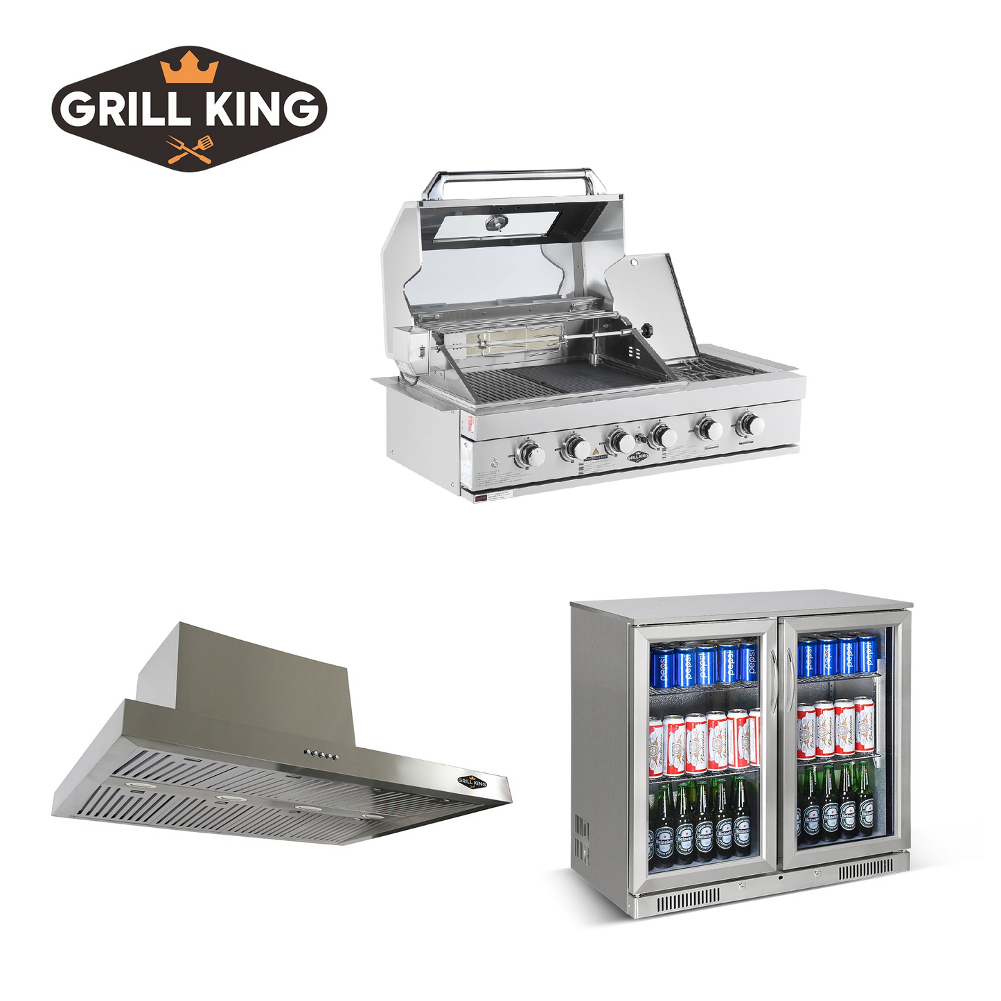 BBQ Bundle 304 SS 4 Burner BBQ, Bar Fridge King 2-Door Fridge, and the 120CM BBQ Rangehood Canopy