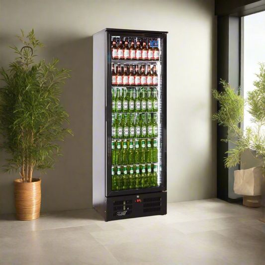 Tropical Rated Triple Glazed 293Ltr Single Door Upright Commercial Wine Bar Fridge Chiller Can Cooler in Black