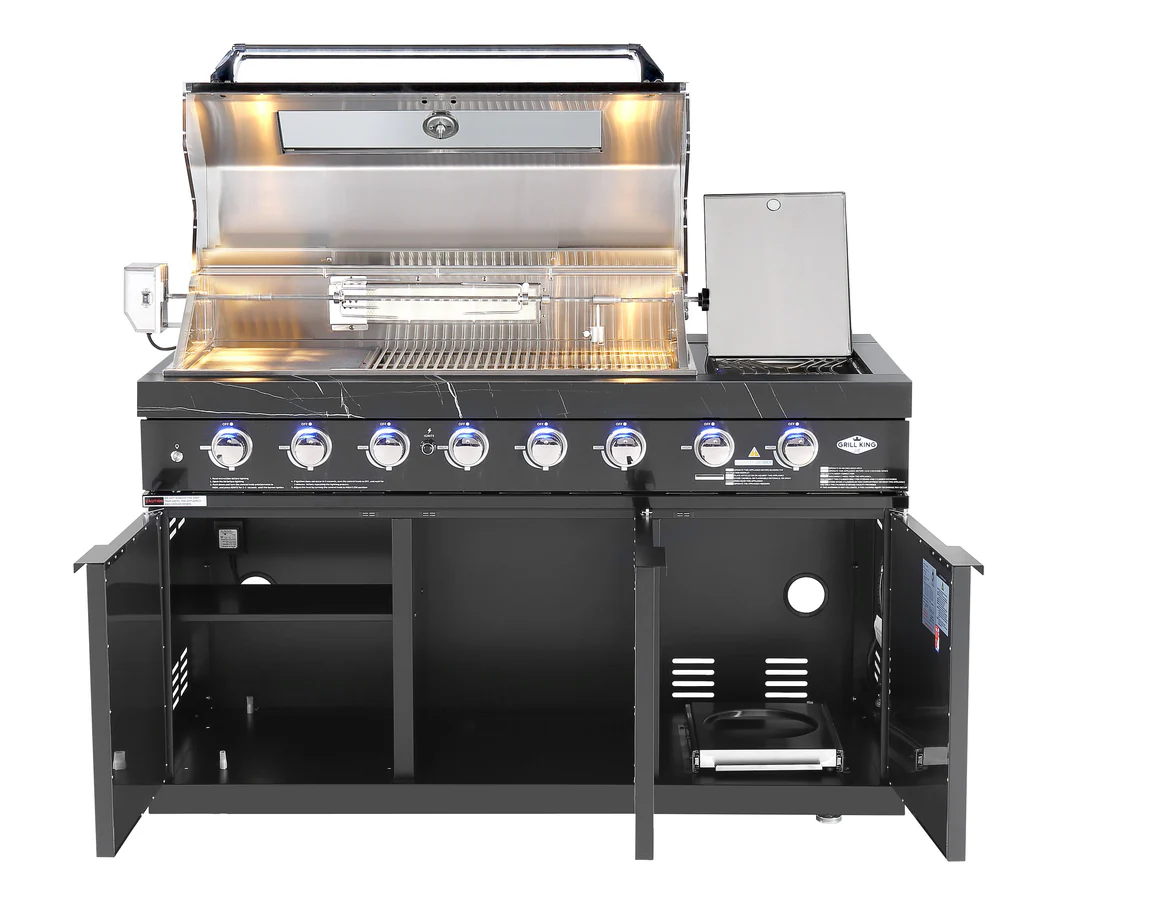 Hampton Style Black Stone Rockpool 6B BBQ Kitchen Package Inc Sink & Draw Module, 2DR Tropical Fridge