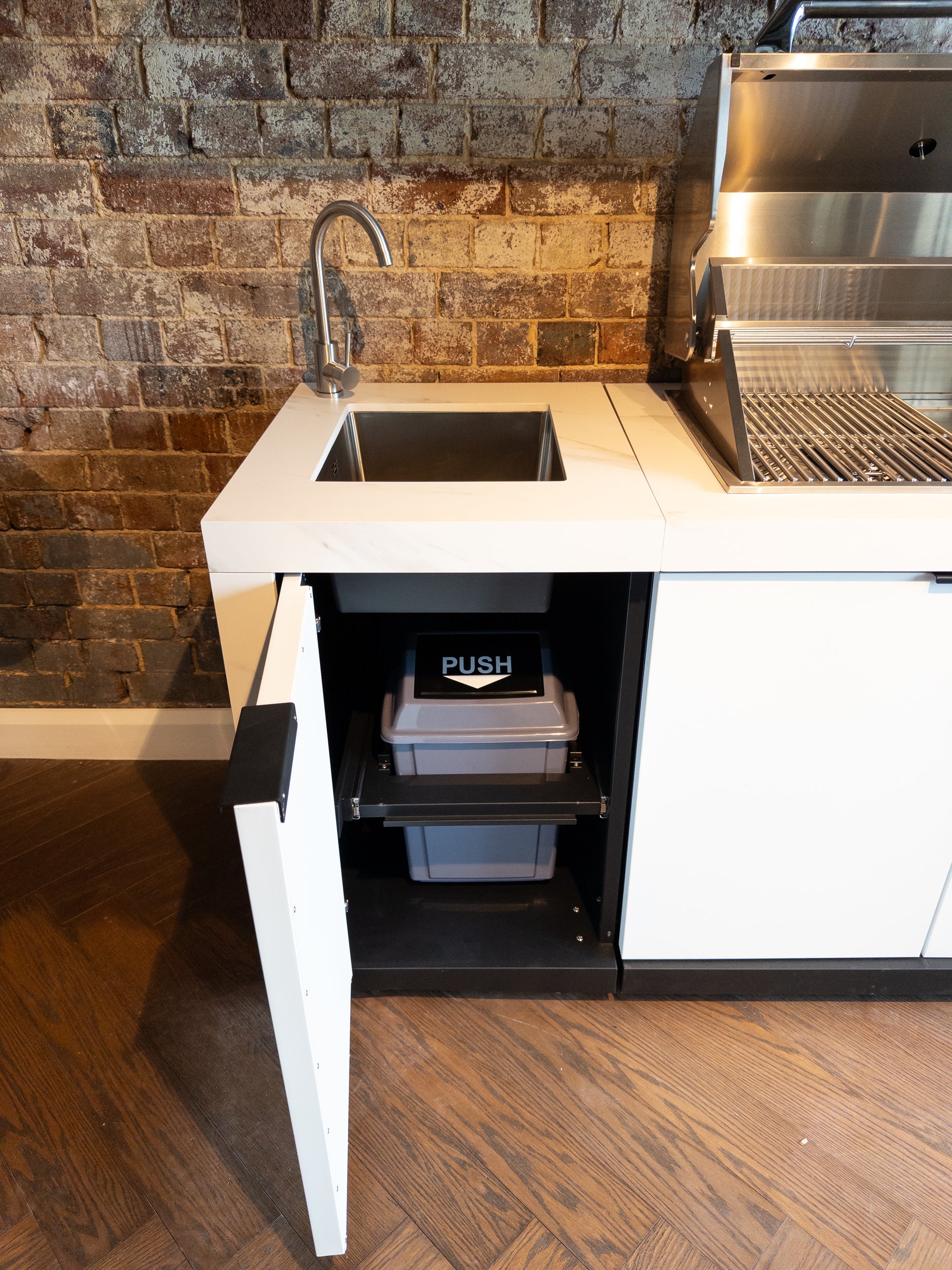 FLAT HOOD White Stone 4B Drop In BBQ Kitchen Package with Stone Benchtops, Hampton Waterfall Design