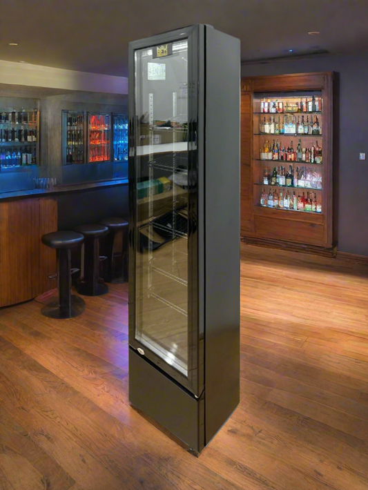 Tropical Rated Triple Glazed 115L Commercial Skinny Upright Bar Fridge - Single Door, Black Stainless Steel, LED Lighting for Wine & Beverages