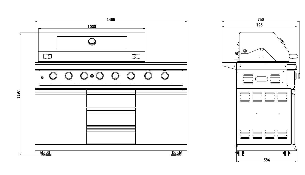 Kingsley L Shape Corner 6-Burner Outdoor BBQ Kitchen: Black Stainless Steel, Stone Bench, Fridge, Sink, Height Adjustable