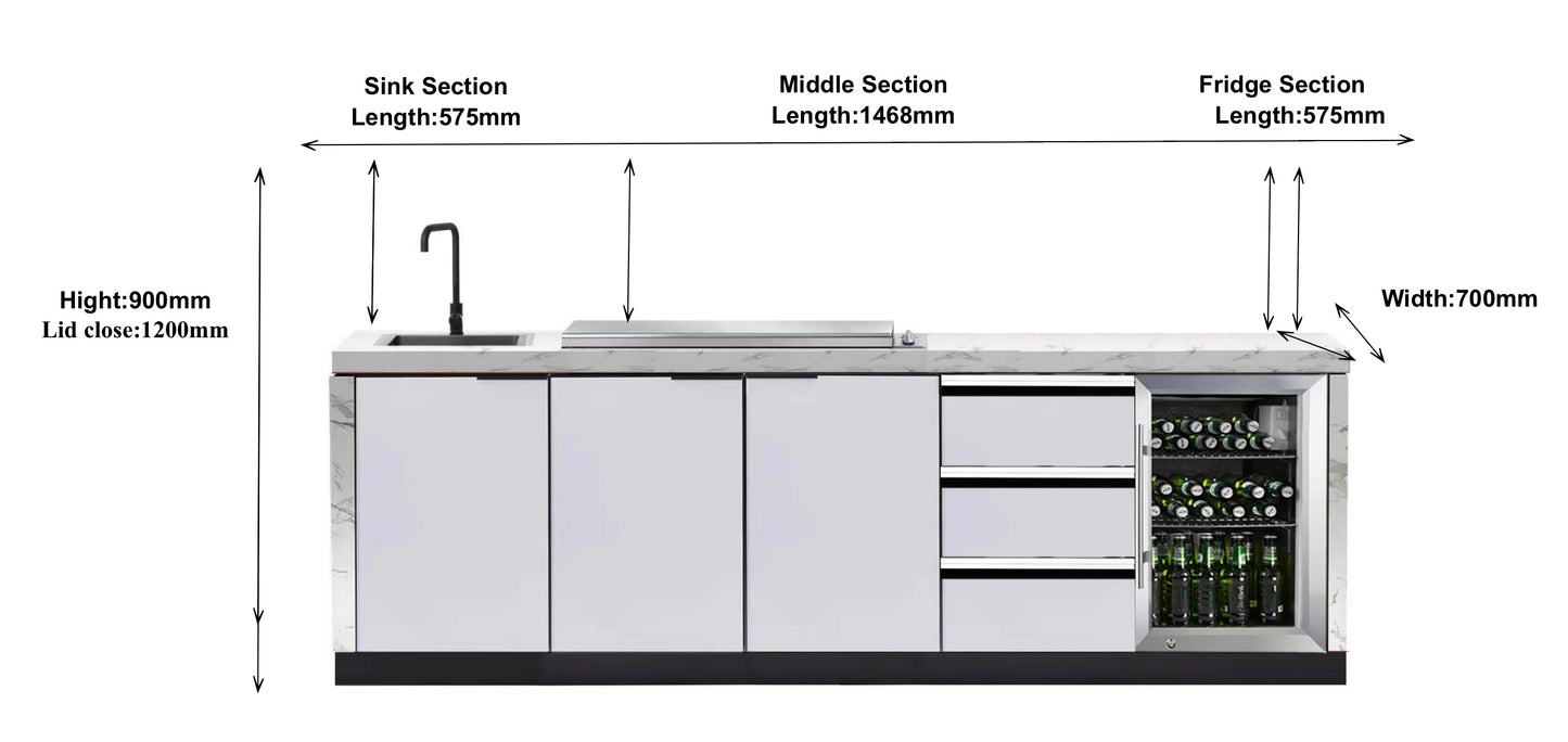 FLAT HOOD White Stone 4B Drop In BBQ Kitchen Package with Stone Benchtops, Hampton Waterfall Design