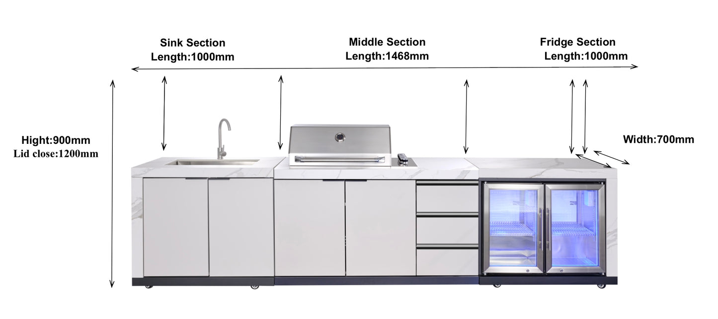 FLAT HOOD White Stone 4B Drop In BBQ Kitchen Package with Stone Benchtops, Hampton Waterfall Design