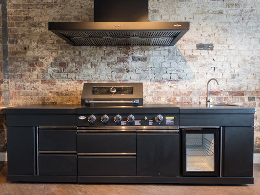 Black Felix 4B + Wok Designer BBQ Kitchen 2.8M: Fridge, Faucet, Sink, Side Wok, Storage Cupboard, Stone Benchtops