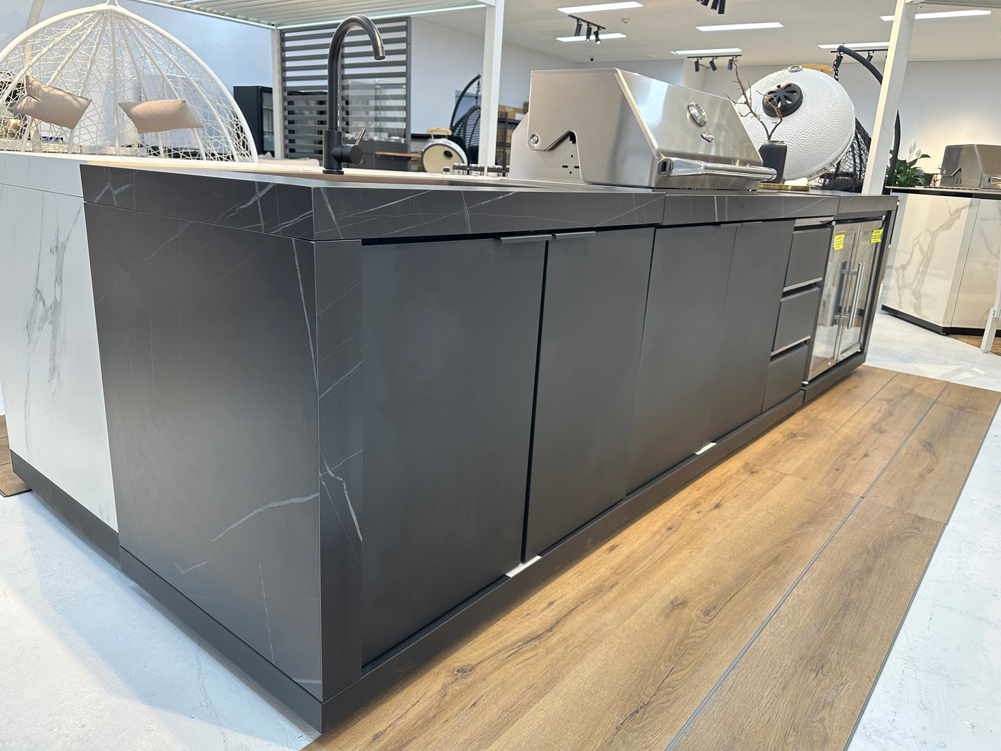 Compact Series Rockpool Black 4B Drop In BBQ Inc Porcelain Benchtops, Aluminium Cabinets, Weather Resistant, Fridge & Sink