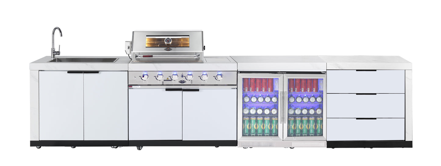 Rockpool White 4B + Wok: Designer Outdoor BBQ Kitchen Package Inc 2DR Fridge, 2DR Sink, 3 Draw Storage, Rear Infrared, Rotisserie, BBQ Cover