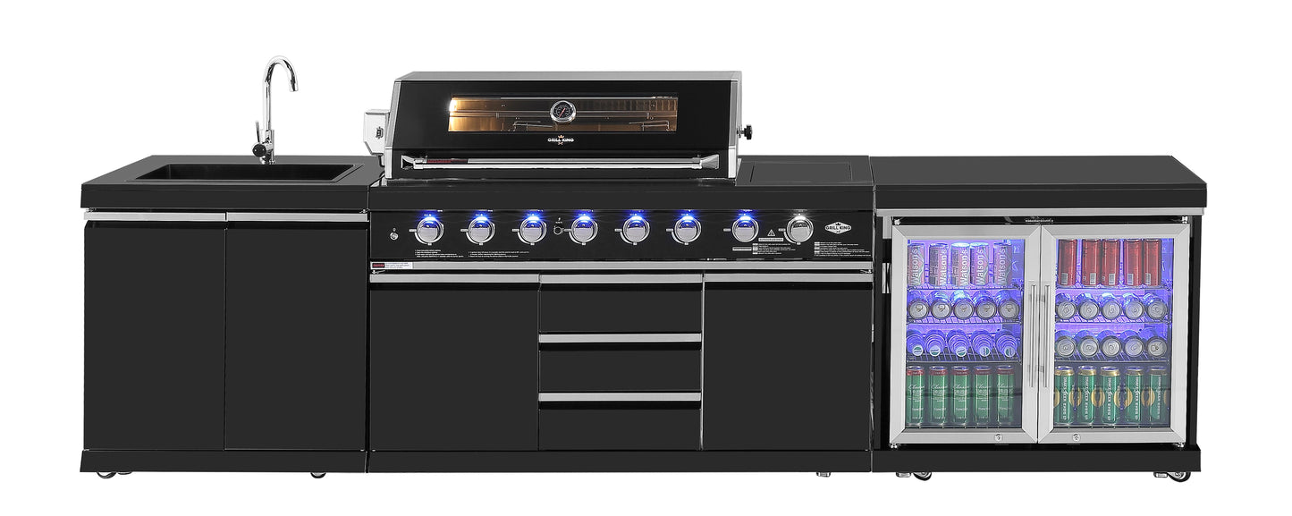 Kingsley L Shape Corner 6-Burner Outdoor BBQ Kitchen: Black Stainless Steel, Stone Bench, Fridge, Sink, Height Adjustable