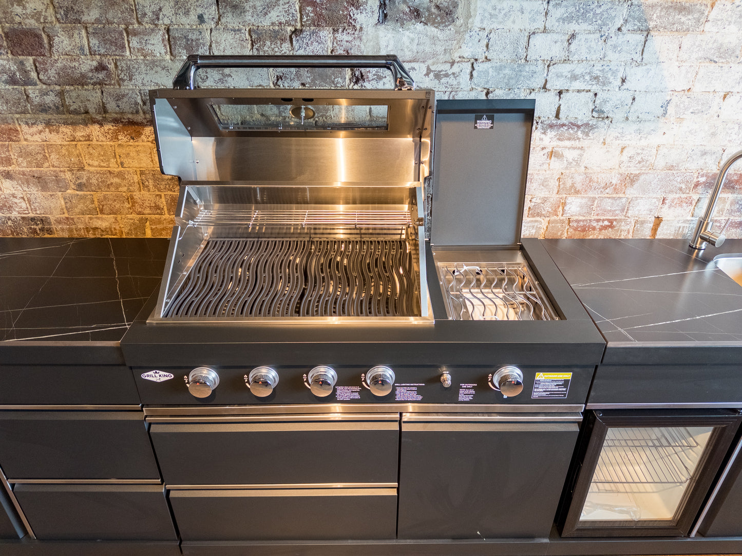 Black Felix 4B + Wok Designer BBQ Kitchen 2.8M: Fridge, Faucet, Sink, Side Wok, Storage Cupboard, Stone Benchtops