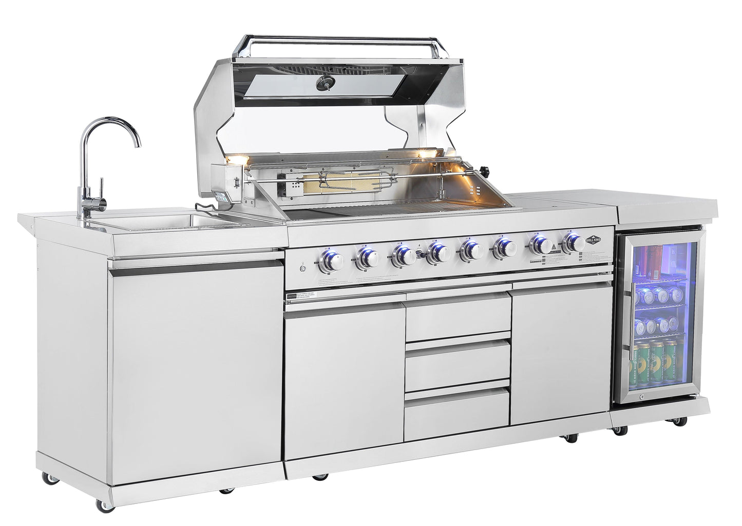 Hurricane 6-Burner Outdoor BBQ Kitchen + 188L Kegerator : Stainless Steel, Fridge, Sink, Height Adjustable, Rotisserie with BBQ Cover
