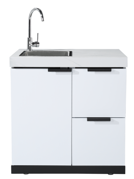 Hampton Style White Stone Rockpool 6B BBQ Kitchen Package Inc Sink & Draw Module, 2DR Tropical Fridge