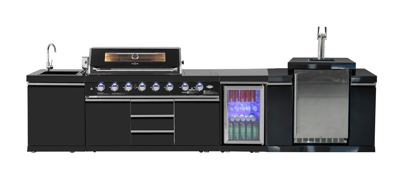 Kingsley 6-Burner Outdoor BBQ Kitchen + 188L Kegerator : Black Stainless Steel, Stone Bench, Fridge, Sink, Height Adjustable, Rotisserie with BBQ Cover