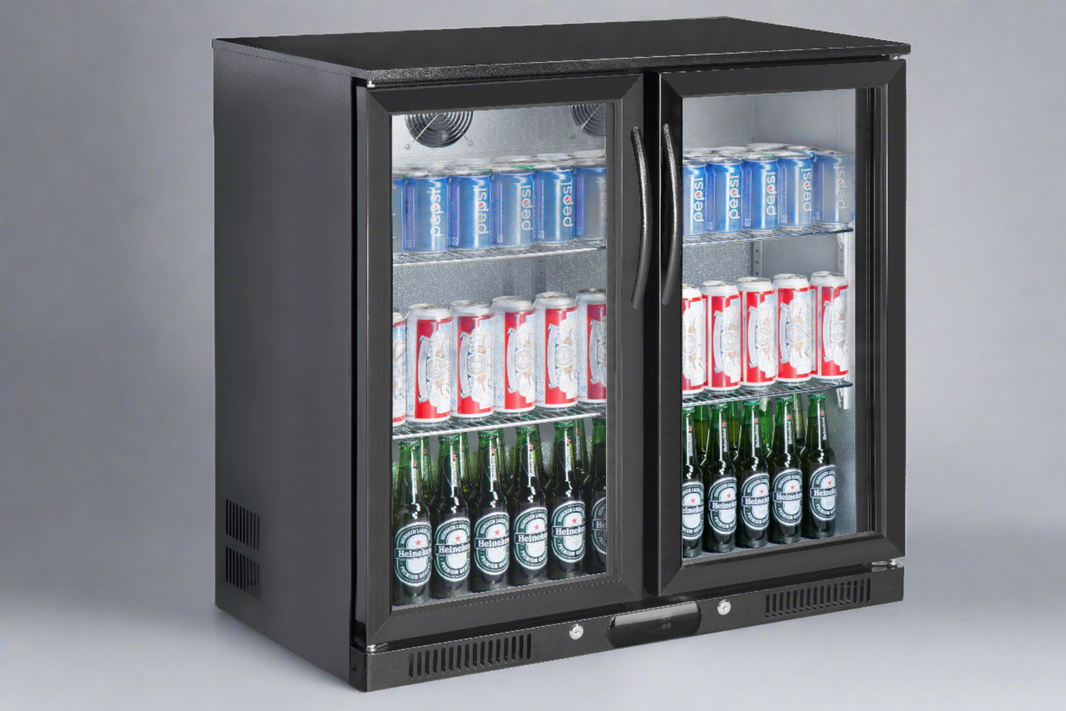 Tropical Rated Tripple Glazed 208L Double Door Under-bench Commercial Bar Wine Fridge Drinks Chiller in Black