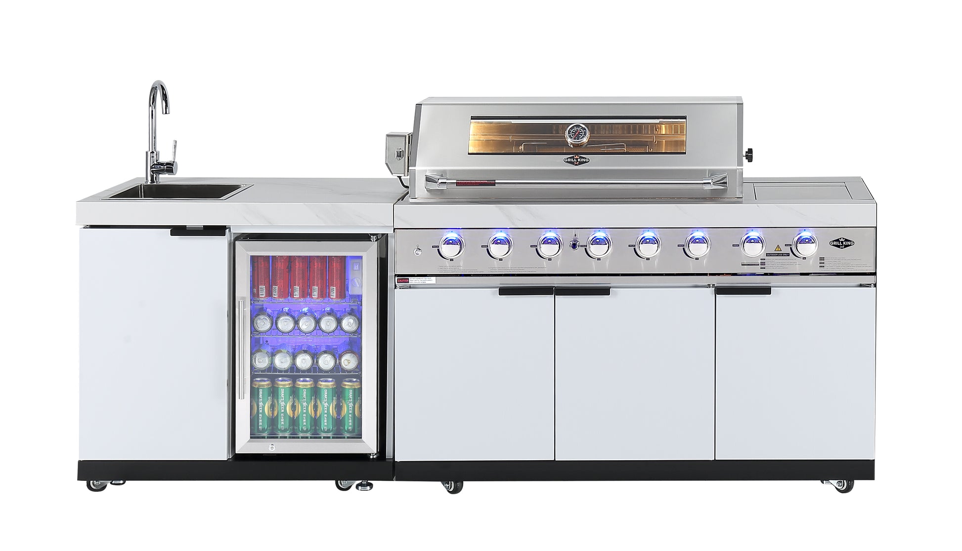 Hampton Style White Stone Rockpool 6B BBQ Kitchen Package Inc Sink & Draw Module, 2DR Tropical Fridge