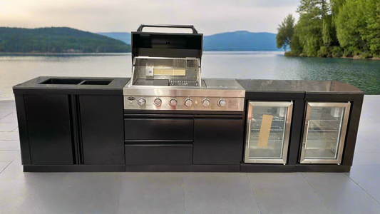 Black 304SS 4 Burner + Wok BBQ Kitchen Inc Wok & Rear Infrared Burner, Fridge & Sink