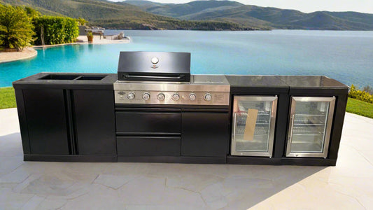 Black 304SS 4 Burner + Wok BBQ Kitchen Inc Wok & Rear Infrared Burner, Fridge & Sink