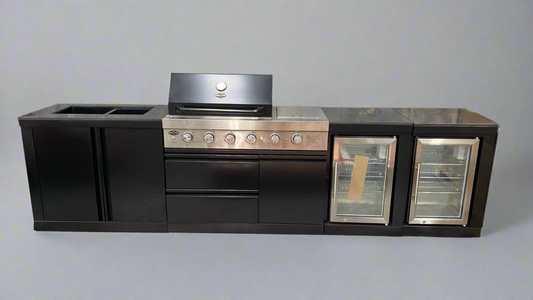 Black 304SS 4 Burner + Wok BBQ Kitchen Inc Wok & Rear Infrared Burner, Fridge & Sink