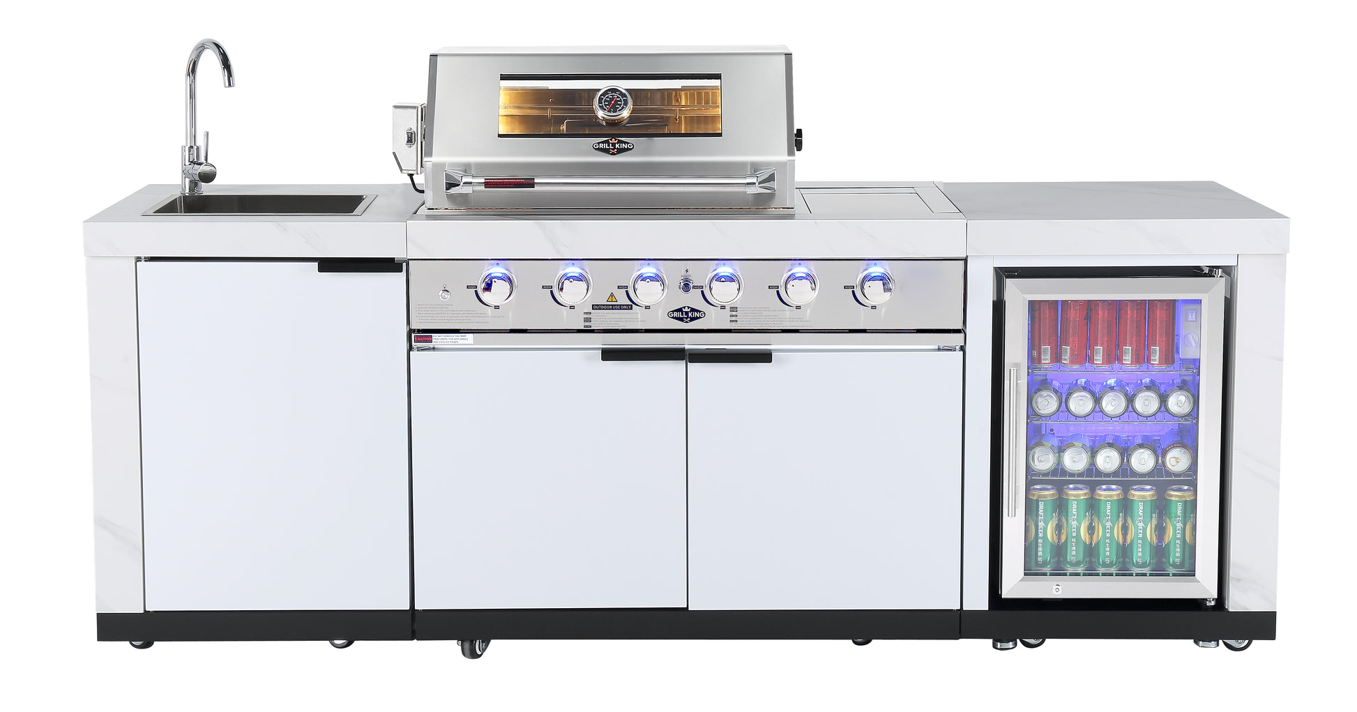 Rockpool White 4B + Wok: Designer Outdoor BBQ Kitchen Package Inc 2DR Fridge, 2DR Sink, 3 Draw Storage, Rear Infrared, Rotisserie, BBQ Cover