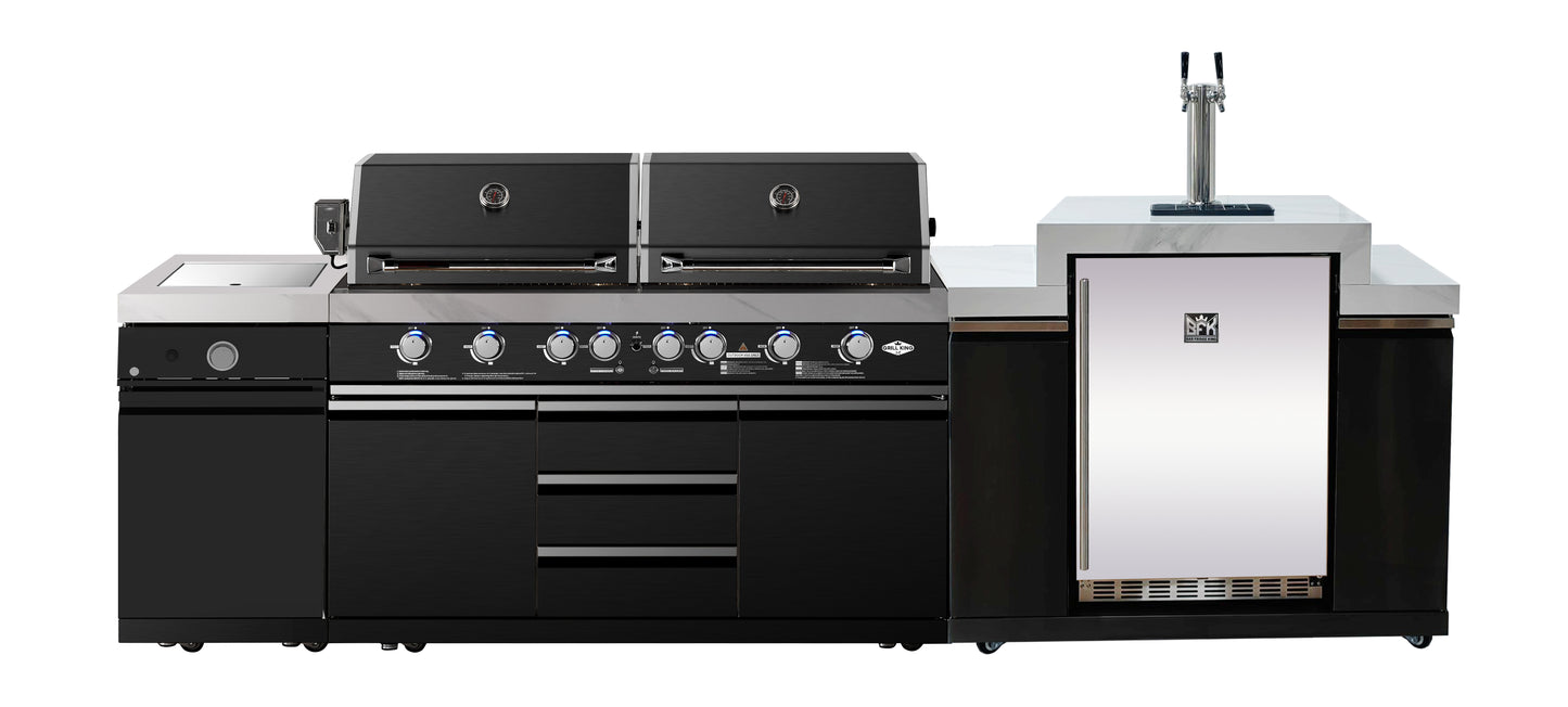 3.63M Element Twin Hood 8-Burner Outdoor BBQ Kitchen + 188L Kegerator + Wok Module : Graphite Stainless Steel, Stone Bench, Fridge, Sink, Height Adjustable, Rotisserie with BBQ Cover