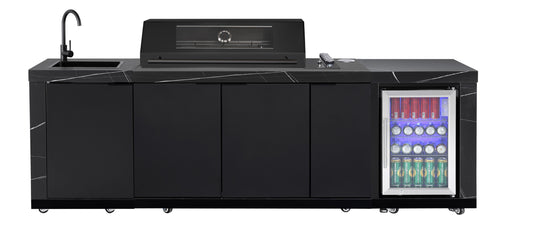 Rockpool Black 6B Drop In BBQ Kitchen Package Inc Porcelain Bencthops, Aluminium Cabinets, Weather Resistant, Fridge & Sink