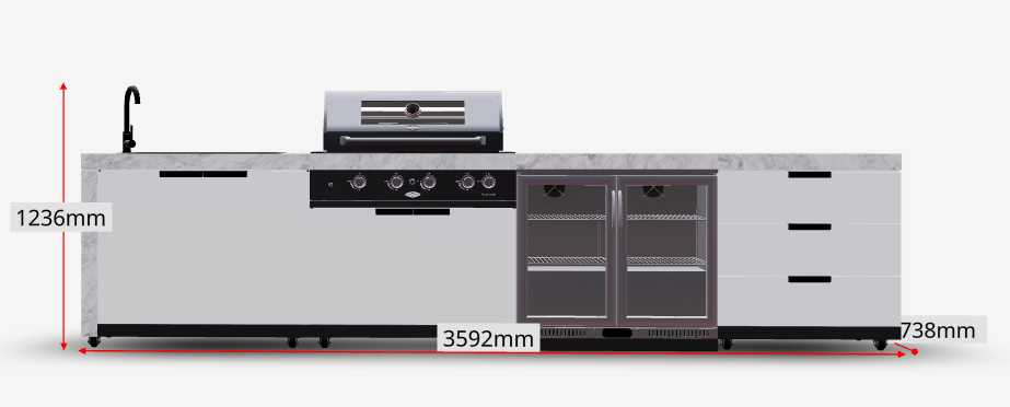 Rockpool White 4B + Wok: Designer Outdoor BBQ Kitchen Package Inc 2DR Fridge, 2DR Sink, 3 Draw Storage, Rear Infrared, Rotisserie, BBQ Cover