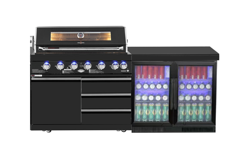 6 Burner Non Wok Black Stainless Steel BBQ Kitchen: Stone Bench, Fridge, Sink, Height Adjustable, Rotisserie with BBQ Cover