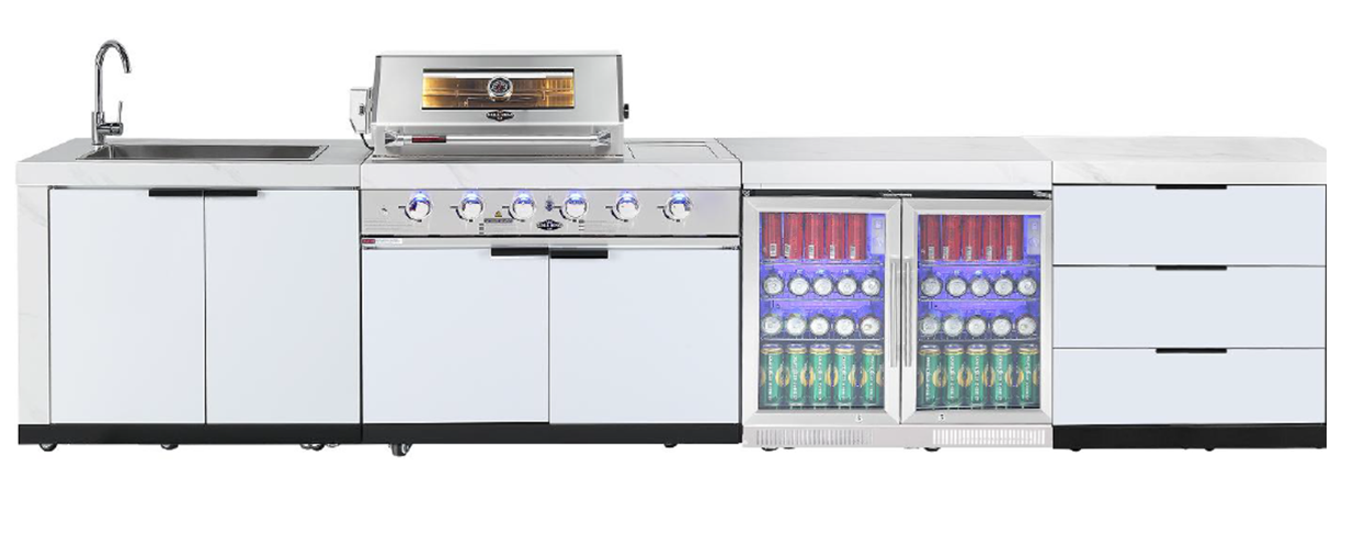 Rockpool White 4B + Wok: Designer Outdoor BBQ Kitchen Package Inc 2DR Fridge, 2DR Sink, 3 Draw Storage, Rear Infrared, Rotisserie, BBQ Cover