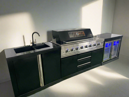 Black 304SS 6 Burner + Wok BBQ Kitchen + 2DR Fridge + 2DR Sink