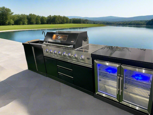 Black 304SS 6 Burner + Wok BBQ Kitchen + 2DR Fridge + 2DR Sink