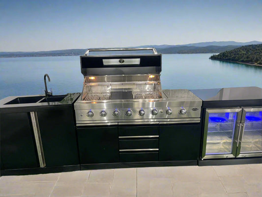 Black 304SS 6 Burner + Wok BBQ Kitchen + 2DR Fridge + 2DR Sink