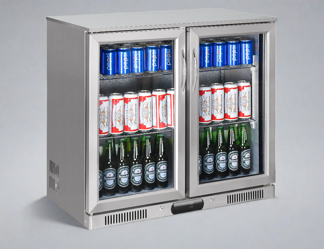 Tropical Rated Tripple Glazed 304 SS 2-Door Stainless Steel Under Counter Can Cooler Wine Bar Fridge 208L