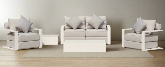 Executive 5 Piece Sofa Set: White Hampton Style with Industrial Aluminium Frame and Element-Resistant Fabric